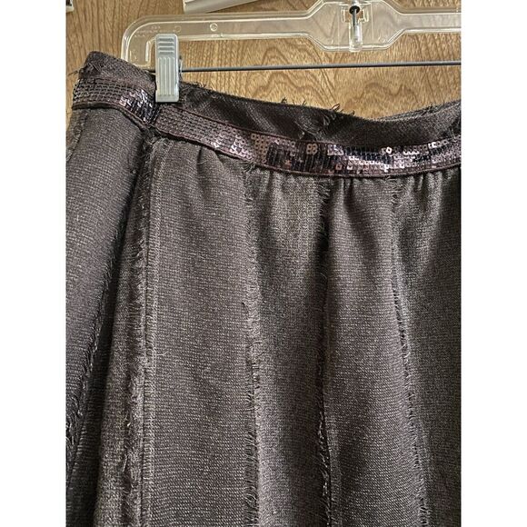 DOROTHEE BIS SKIRT BROWN W/SEQUIN BAND PLEATS DOWN W/TORN FRINGE SIZE 10 **READ - Picture 4 of 11